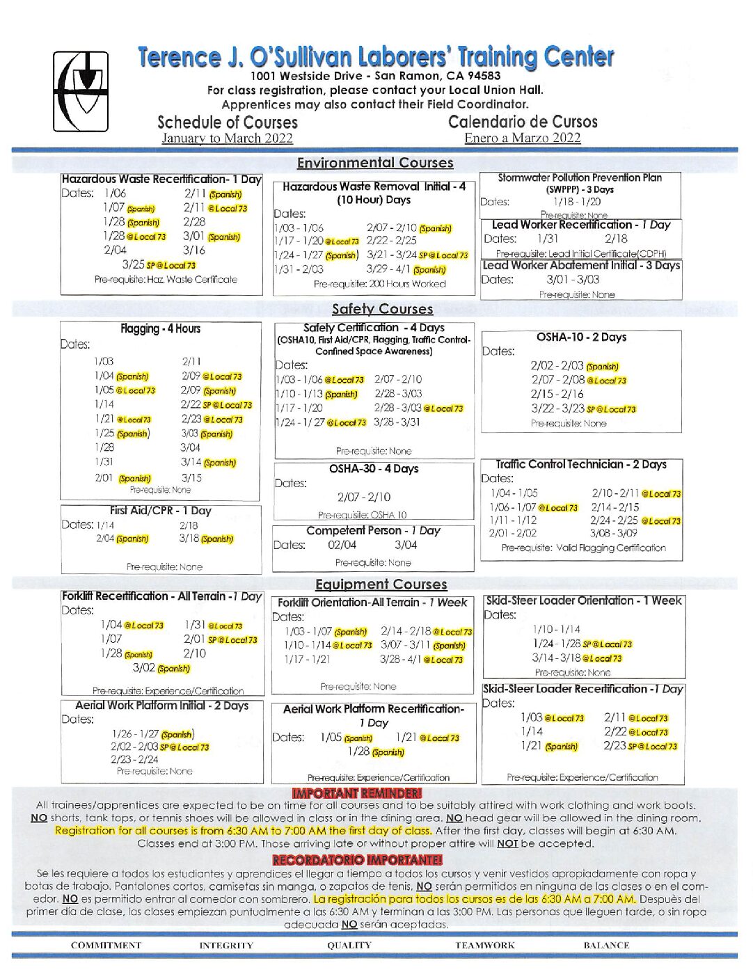 Laborers Local 185 Jan March Class Schedule Pdf