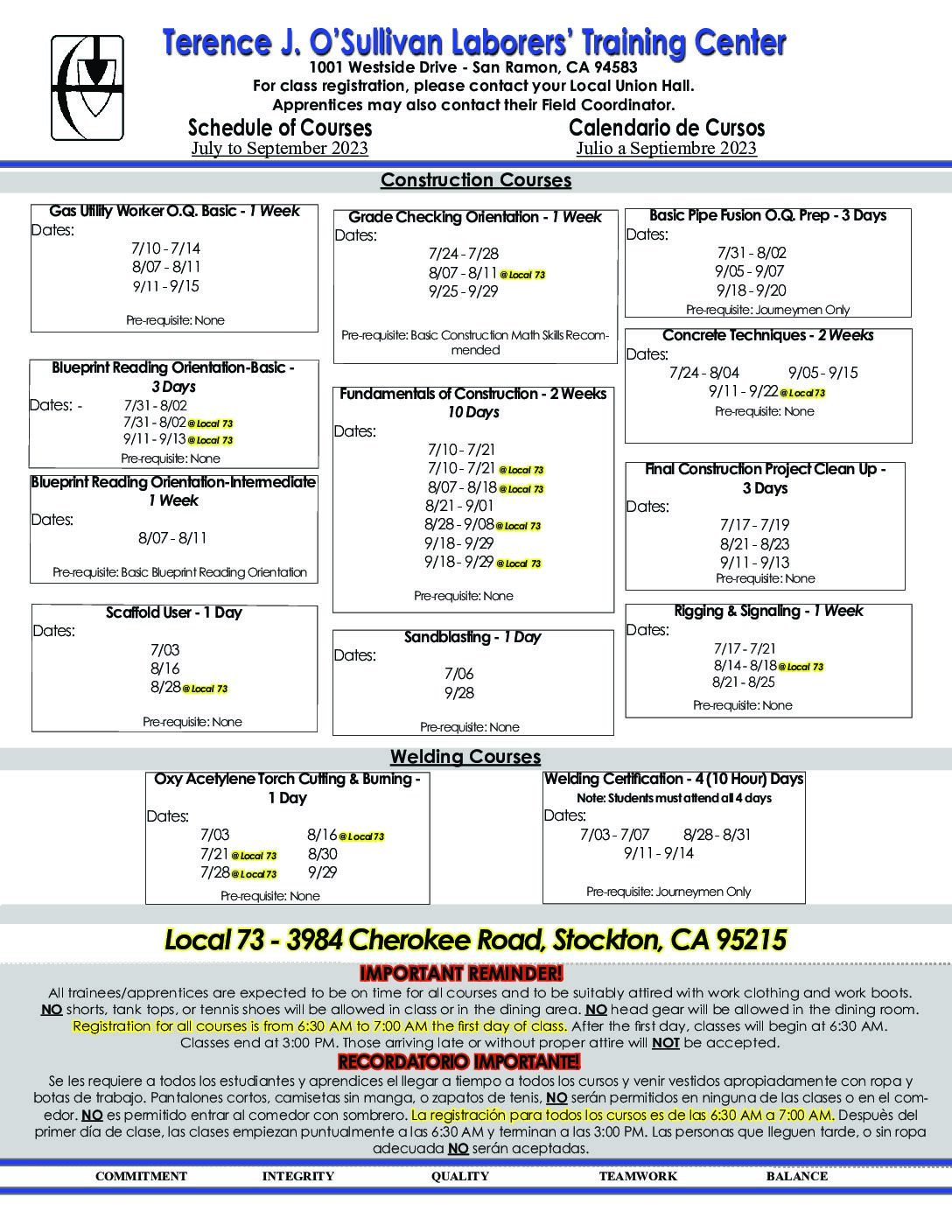 Laborers Local 185 July September 2023 Training Schedule Pdf